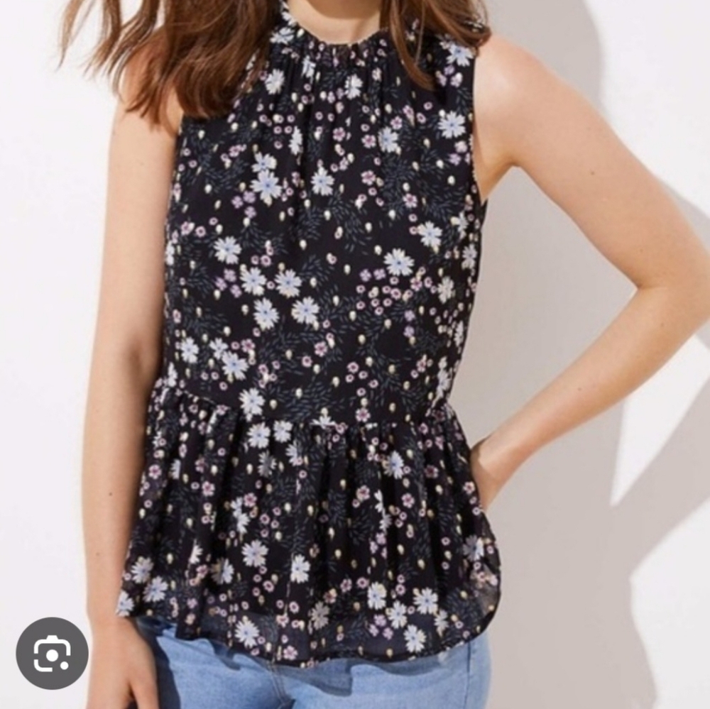 LOFT Black Floral Peplum Sleeveless Blouse,   Size L.